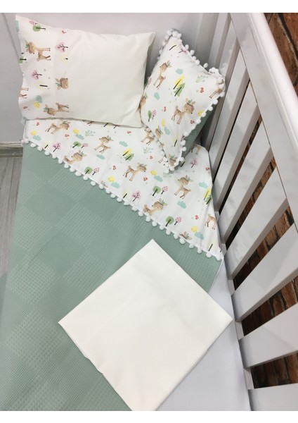 Buse Baby Home Yeşil , Çocuk Çok Amaçlı Poplin ,pikeli ve Ponponlu Nevresim Takımı 6'lı Set