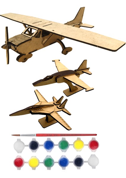 Tahtakurusu Tasarım 3'lü Set Ahşap Oyuncak Maket Model Uçak Boyama Etkinlik Seti Cessna F-14 - Su 25 Ahşap Maket