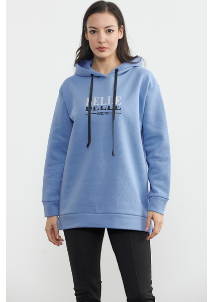 Kapüşonlu Içi Pamuklu Kalın Sweatshirt - Mavi