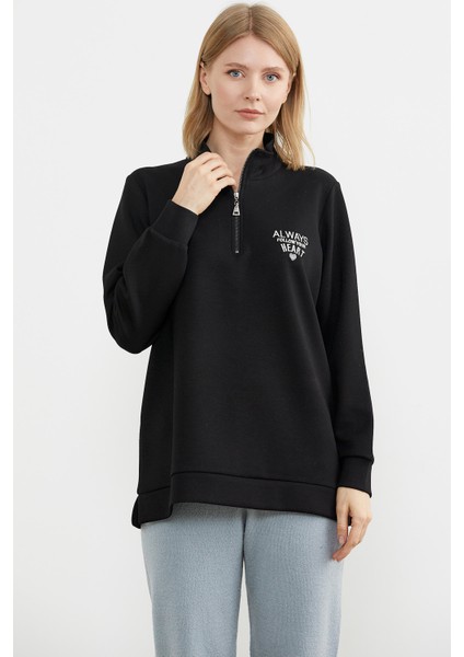 Dik Yaka Yarım Fermuarlı Sweatshirt - Siyah fırsatları