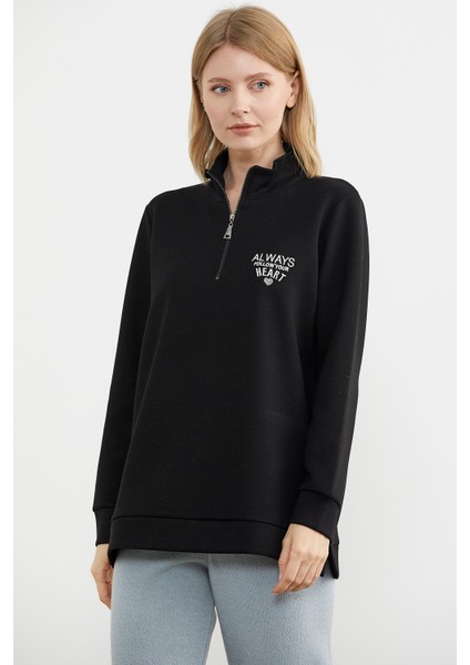 Dik Yaka Yarım Fermuarlı Sweatshirt - Siyah indirimleri
