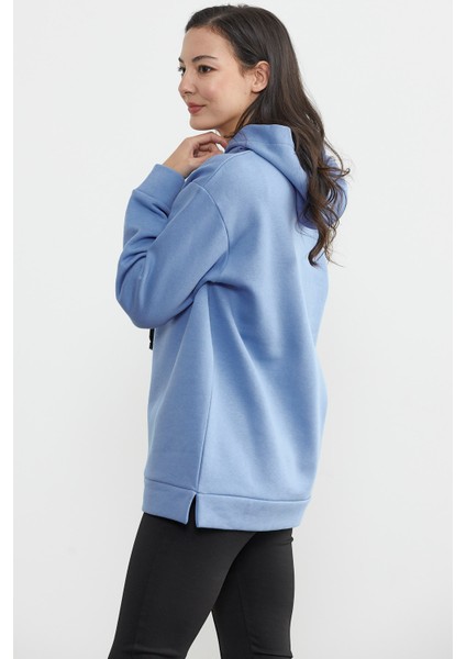 Kapüşonlu Içi Pamuklu Kalın Sweatshirt - Mavi modelleri