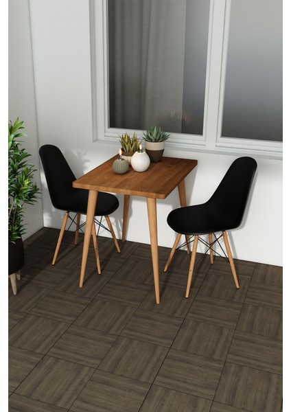 Masif Ağaç Teak Renk Mutfak Ve Balkon Için Sandalyeli Masa Takımı 80 x 60 cm Masa + 2 Adet Sandalye