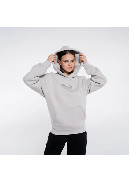 Friday Offset Ocho Kadın Açık Gri Kanguru Cepli Kapüşonlu Oversize Sweatshirt Hoodie