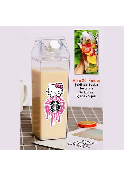 Hello Kitty Baskılı Mika Süt Kutu Tasarımlı Su Kahve Içecek Şişesi - Cam Değildir - 500 ml