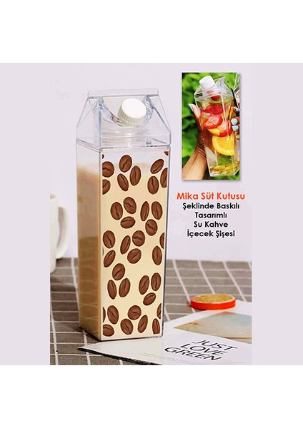 Kahve Çekirdeği Baskılı Mika Süt Kutu Tasarımlı Su Kahve Içecek Şişesi - Cam Değildir - 500 ml