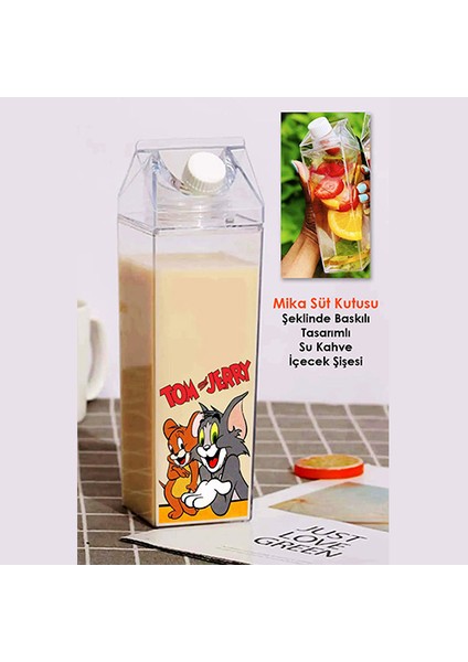 Tom ve Jerry Baskılı Mika Süt Kutu Tasarımlı Su Kahve Içecek Şişesi - Cam Değildir - 500 ml