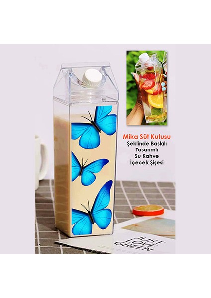 Kelebek Baskılı Mika Süt Kutu Tasarımlı Su Kahve Içecek Şişesi - Cam Değildir - 500 ml