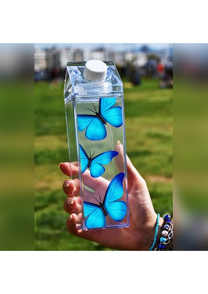 Kelebek Baskılı Mika Süt Kutu Tasarımlı Su Kahve Içecek Şişesi - Cam Değildir - 500 ml modelleri