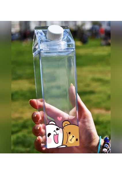 Dudu Bubu Ayıcık Sevgili Çift Baskılı Mika Süt Kutu Tasarımlı Su Kahve Şişesi -Cam Değildir- 500 ml