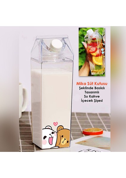 Dudu Bubu Ayıcık Sevgili Çift Baskılı Mika Süt Kutu Tasarımlı Su Kahve Şişesi -Cam Değildir- 500 ml modelleri