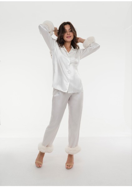 Beyaz Saten Suni Kürk Detaylı Alt – Üst Pijama Takım modelleri