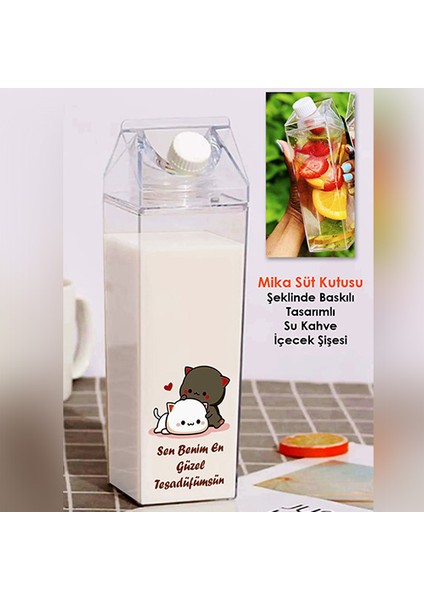 Dudu Bubu Ayıcık Sevgili Çift Baskılı Mika Süt Kutu Tasarımlı Su Kahve Şişesi -Cam Değildir- 500 ml