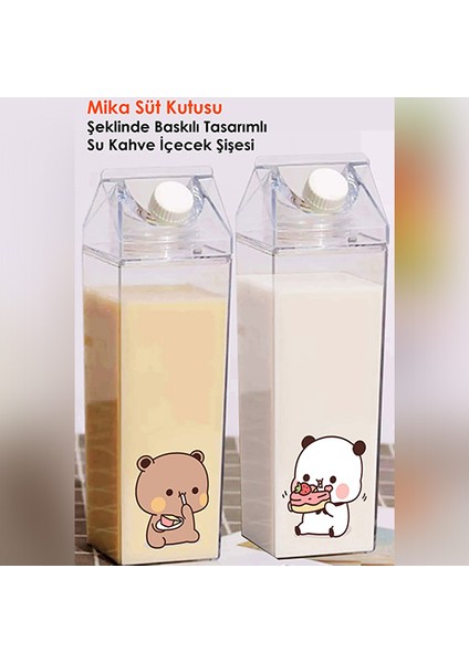 Dudu Bubu Ayıcık Sevgili Çift Baskılı Mika Süt Kutu Tasarımlı Su Kahve Şişesi Ikili Set -Cam Değildir- 500 ml
