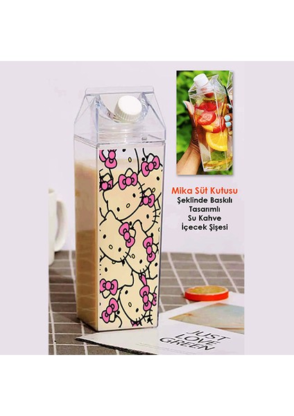 Hello Kitty Baskılı Mika Süt Kutu Tasarımlı Su Kahve Içecek Şişesi - Cam Değildir - 500 ml
