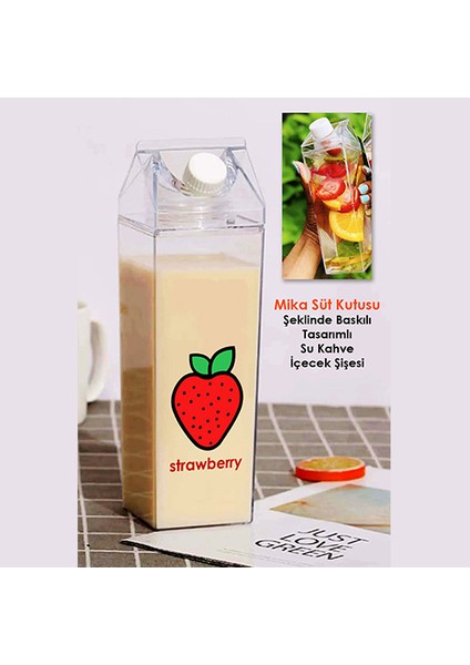 Çilek Baskılı Mika Süt Kutu Tasarımlı Su Kahve Içecek Şişesi - Cam Değildir - 500 ml