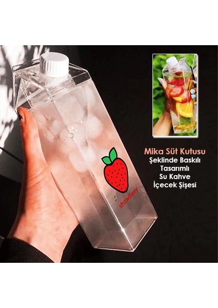 Çilek Baskılı Mika Süt Kutu Tasarımlı Su Kahve Içecek Şişesi - Cam Değildir - 500 ml fiyatları
