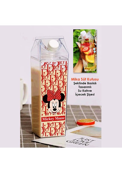 Mickey Mouse Baskılı Mika Süt Kutu Tasarımlı Su Kahve Içecek Şişesi - Cam Değildir - 500 ml