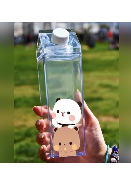Dudu Bubu Ayıcık Sevgili Çift Baskılı Mika Süt Kutu Tasarımlı Su Kahve Şişesi -Cam Değildir- 500 ml