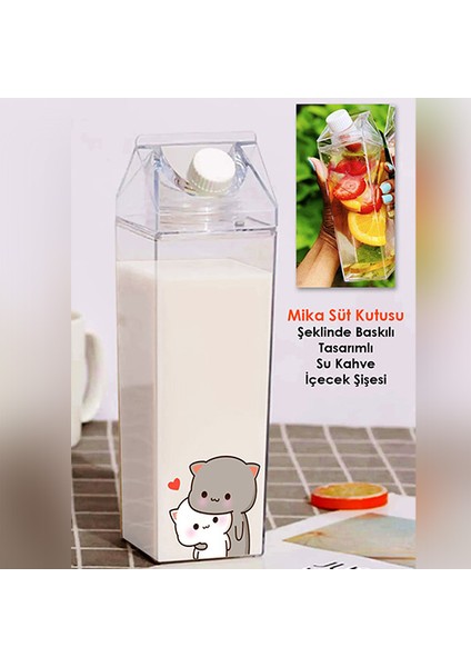 Dudu Bubu Ayıcık Sevgili Çift Baskılı Mika Süt Kutu Tasarımlı Su Kahve Şişesi -Cam Değildir- 500 ml