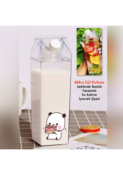 Dudu Bubu Ayıcık Sevgili Çift Baskılı Mika Süt Kutu Tasarımlı Su Kahve Şişesi -Cam Değildir- 500 ml