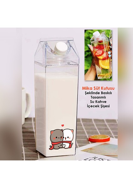Dudu Bubu Ayıcık Sevgili Çift Baskılı Mika Süt Kutu Tasarımlı Su Kahve Şişesi -Cam Değildir- 500 ml