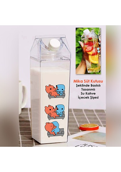 Evie Kinie Ayıcık Sevgili Çift Baskılı Mika Süt Kutu Tasarımlı Su Kahve Şişesi -Cam Değildir- 500 ml