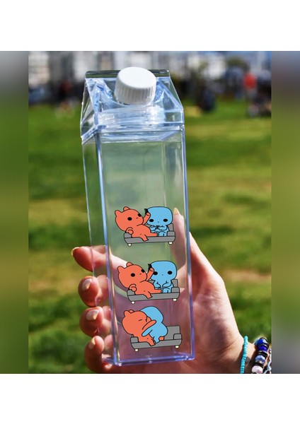 Evie Kinie Ayıcık Sevgili Çift Baskılı Mika Süt Kutu Tasarımlı Su Kahve Şişesi -Cam Değildir- 500 ml fiyatları