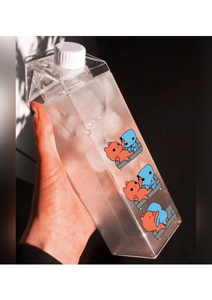 Evie Kinie Ayıcık Sevgili Çift Baskılı Mika Süt Kutu Tasarımlı Su Kahve Şişesi -Cam Değildir- 500 ml modelleri