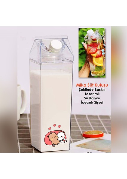Dudu Bubu Ayıcık Sevgili Çift Baskılı Mika Süt Kutu Tasarımlı Su Kahve Şişesi -Cam Değildir- 500 ml