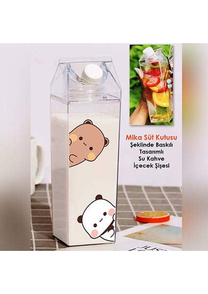 Dudu Bubu Ayıcık Sevgili Çift Baskılı Mika Süt Kutu Tasarımlı Su Kahve Şişesi -Cam Değildir- 500 ml