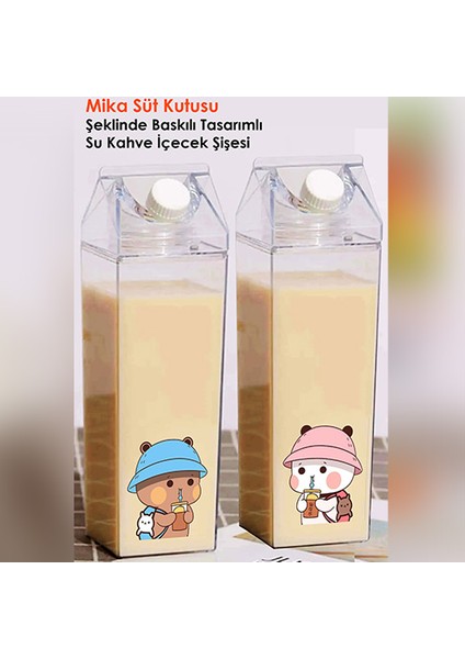 Dudu Bubu Ayıcık Sevgili Çift Baskılı Mika Süt Kutu Tasarımlı Su Kahve Şişesi Ikili Set -Cam Değildir- 500 ml