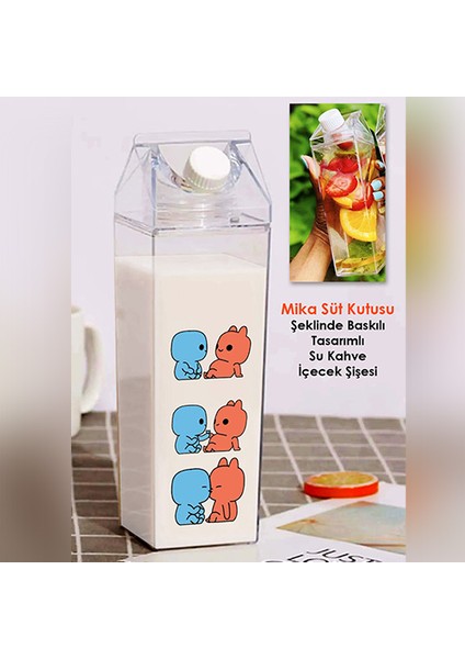 Evie Kinie Ayıcık Sevgili Çift Baskılı Mika Süt Kutu Tasarımlı Su Kahve Şişesi -Cam Değildir- 500 ml
