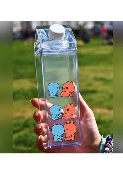 Evie Kinie Ayıcık Sevgili Çift Baskılı Mika Süt Kutu Tasarımlı Su Kahve Şişesi -Cam Değildir- 500 ml modelleri