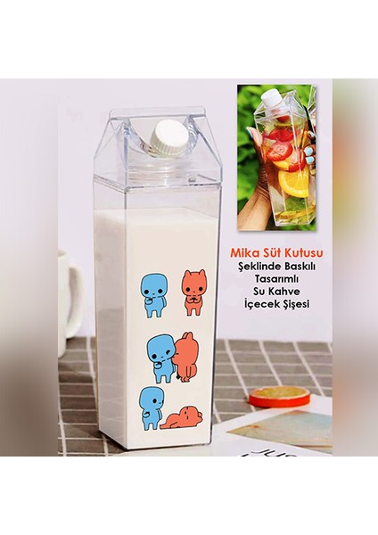 Evie Kinie Ayıcık Sevgili Çift Baskılı Mika Süt Kutu Tasarımlı Su Kahve Şişesi -Cam Değildir- 500 ml