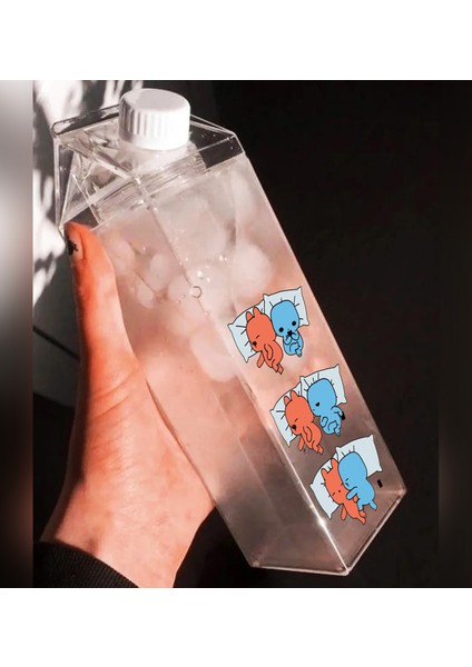 Evie Kinie Ayıcık Sevgili Çift Baskılı Mika Süt Kutu Tasarımlı Su Kahve Şişesi -Cam Değildir- 500 ml