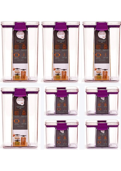 8'li Sızdırmaz, Çift Kilit Klipsli, Vakum Kapaklı, Erzak, Baharat Saklama Kabı (4 Orta +4 Küçük)