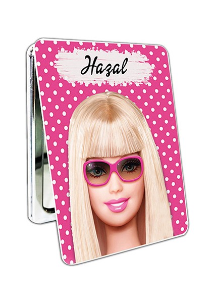 Barbie Baskılı Dikdörtgen Kişiye Özel Isim Baskılı Cep Aynası 8x6 cm (Kapaklı ve Büyüteçli)