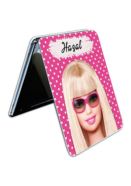 Barbie Baskılı Dikdörtgen Kişiye Özel Isim Baskılı Cep Aynası 8x6 cm (Kapaklı ve Büyüteçli) modelleri