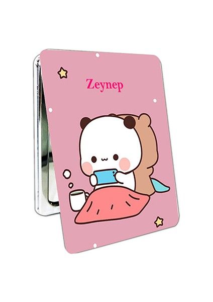 Dudu Bubu Ayna Ayıcık Sevgili Çift Dikdörtgen Kişiye Özel Isim Baskılı Cep Aynası 8x6 cm (Kapaklı ve Büyüteçli)