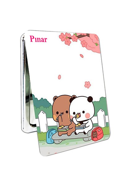 Dudu Bubu Ayna Ayıcık Sevgili Çift Dikdörtgen Kişiye Özel Isim Baskılı Cep Aynası 8x6 cm (Kapaklı ve Büyüteçli)