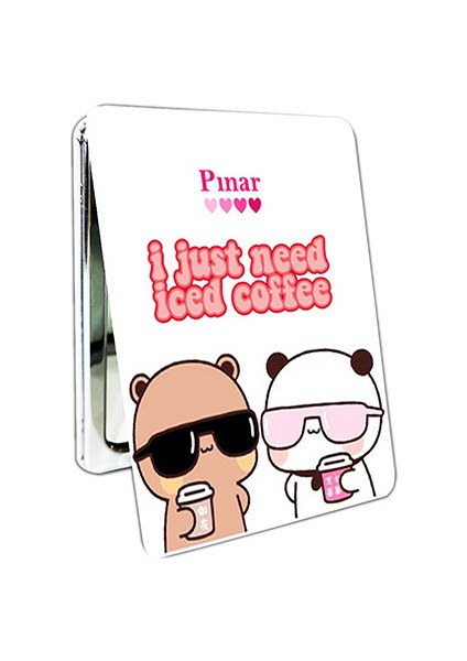 Dudu Bubu Ayna Ayıcık Sevgili Çift Dikdörtgen Kişiye Özel Isim Baskılı Cep Aynası 8x6 cm (Kapaklı ve Büyüteçli)