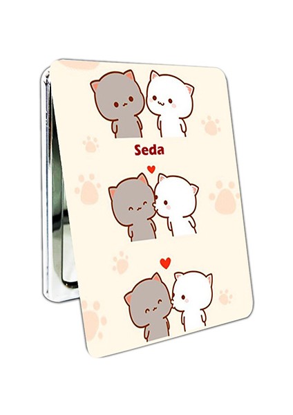 Dudu Bubu Ayna Ayıcık Sevgili Çift Dikdörtgen Kişiye Özel Isim Baskılı Cep Aynası 8x6 cm (Kapaklı ve Büyüteçli)