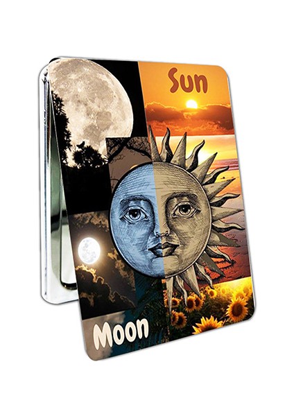 Sun Moon Baskılı Dikdörtgen Kişiye Özel Isim Baskılı Cep Aynası 8x6 cm (Kapaklı ve Büyüteçli)