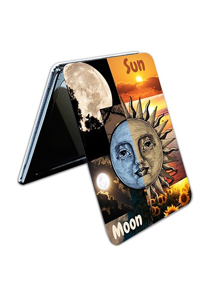 Sun Moon Baskılı Dikdörtgen Kişiye Özel Isim Baskılı Cep Aynası 8x6 cm (Kapaklı ve Büyüteçli)