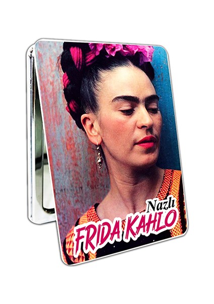 Frida Kahlo Baskılı Dikdörtgen Kişiye Özel Isim Baskılı Cep Aynası 8x6 cm (Kapaklı ve Büyüteçli)