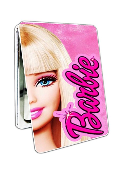Barbie Baskılı Dikdörtgen Kişiye Özel Isim Baskılı Cep Aynası 8x6 cm (Kapaklı ve Büyüteçli)