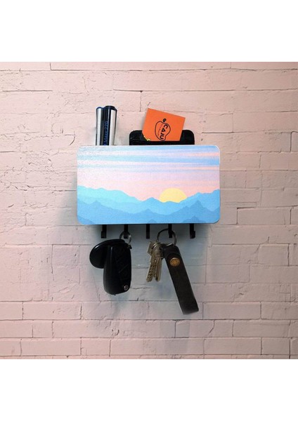 Dekoratif Manzara Desenli Bölmeli Ahşap Anahtarlık Askılık Duvar Dekor