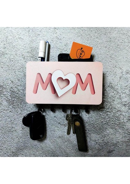 Pembe Kalpli Mom Anne Yazılı Bölmeli Anahtarlık Duvar Askılık Dekor