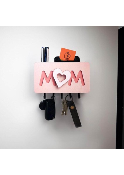 Pembe Kalpli Mom Anne Yazılı Bölmeli Anahtarlık Duvar Askılık Dekor modelleri